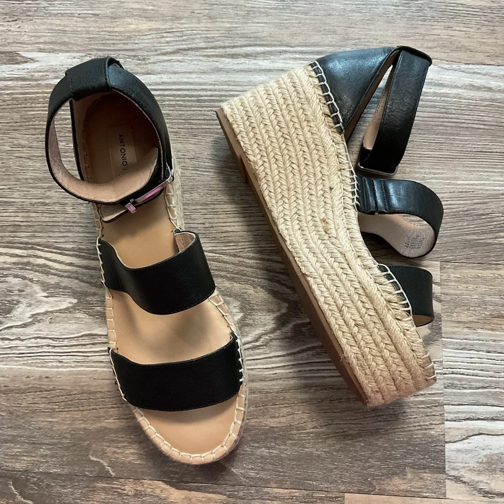 Antonio Melani Bayshore Leather Black Tan Strappy Wedge Platform Sandal 10